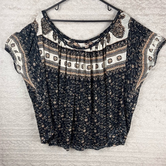 FREE PEOPLE Paisley Modal Blend Puff Sleeve Top Sz Large Boho Beachy Whimsigoth - Picture 12 of 16